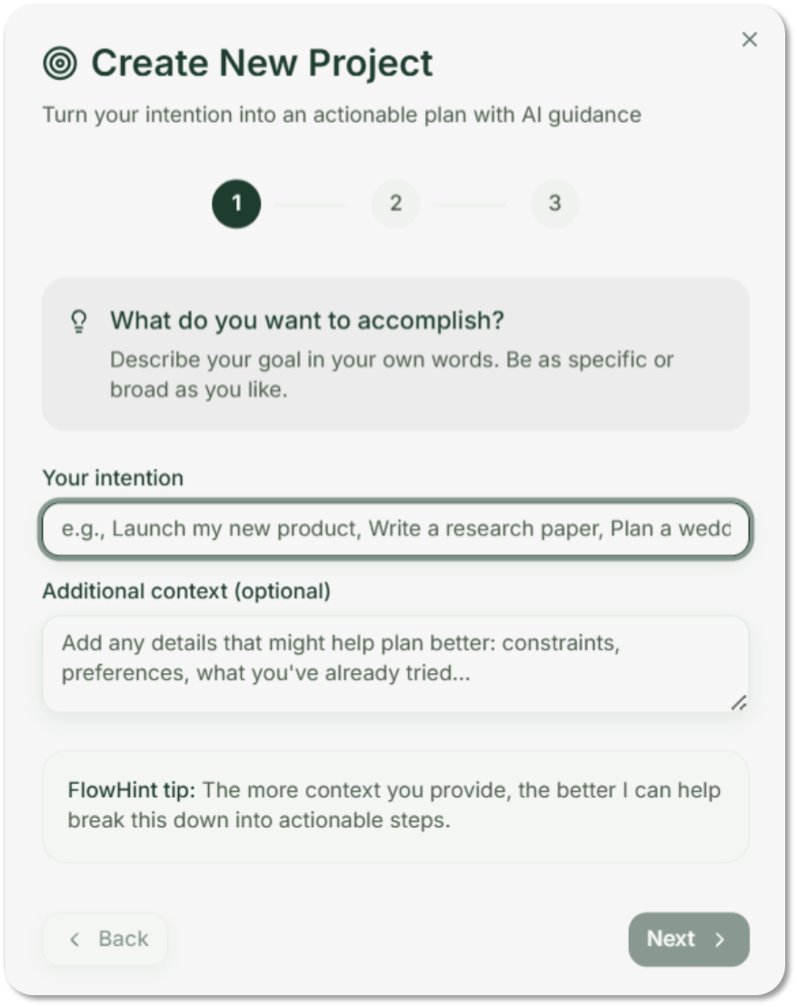 Create New Project wizard - Define your intention